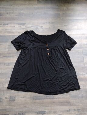 Black Scoop-Neck Short Sleeve Tunic with Button Accents